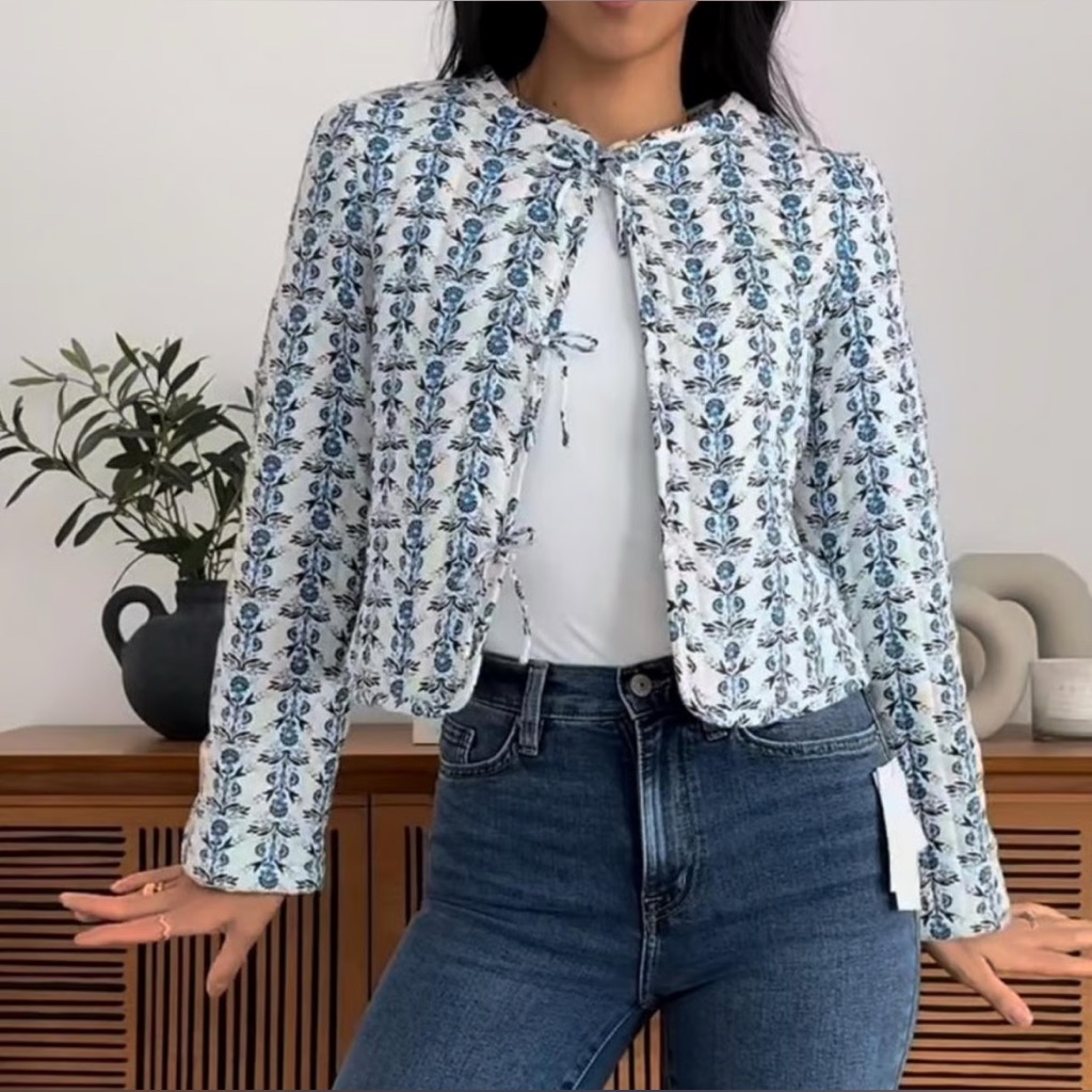 Caroline Constas New York Medium Linen Blend White & Blue Floral Quilted Jacket